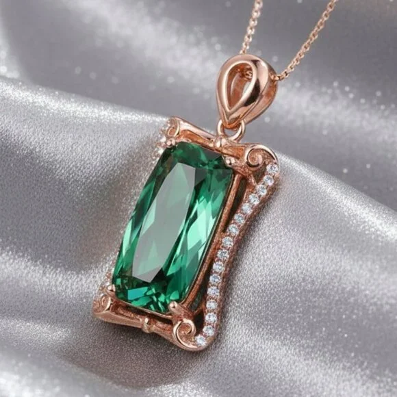 5 Carat Simulated Emerald CZ Pave Rose Gold Pendant Necklace NWOT - Picture 6 of 8